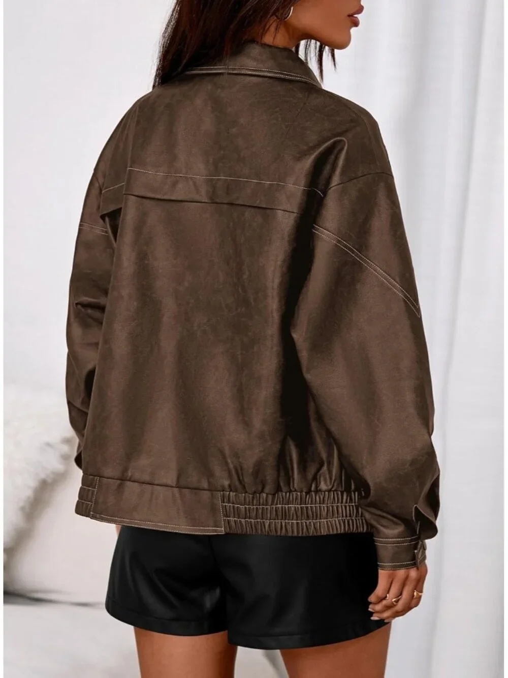 Women's Bomber Motorcycle Zip Up Jackets Oversized Faux Leather Jacket Brown